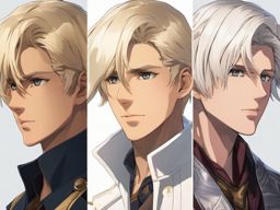 Boy with platinum blond hair in a time-traveling wardrobe to different eras.  close shot of face, face front facing, profile picture, anime style