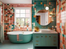 Retro bathroom features colorful tiles, playful decor, and vintage-inspired fixtures, bringing a fun and nostalgic vibe to your routine.  