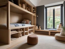 In the kids' room, Wabi Sabi interior design showcases playful yet natural materials, soft textures, and functional storage that inspire creativity and imaginative play.  