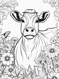 Cow Coloring Pages - Cow surrounded by flowers and butterflies  simple coloring pages