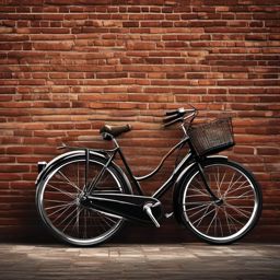 Retro Bicycle by Brick Wall Clipart - Rustic bicycle propped against an aged brick wall.  color clipart, minimalist, vector art, 