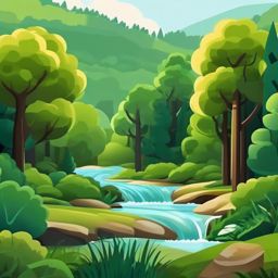 Gentle River Flowing through Forest Emoji Sticker - Serene watercourse in a woodland haven, , sticker vector art, minimalist design