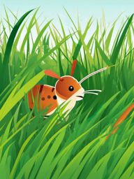 Hidden Cricket in Grass Clip Art - Cricket chirping and hiding in the grass,  color vector clipart, minimal style