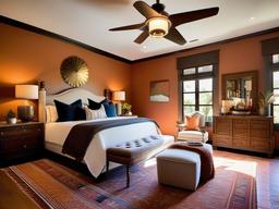 Spanish Revival master bedroom incorporates warm colors, rustic furniture, and decorative accents for a vibrant and inviting atmosphere.  