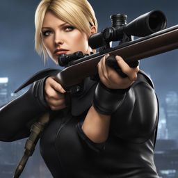 riza hawkeye aims her sniper rifle with precision in the midst of a covert operation. 