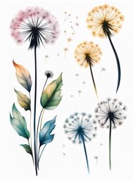 Dandelion tattoos, Tattoos inspired by the delicate and whimsical dandelion. colors, tattoo patterns, clean white background