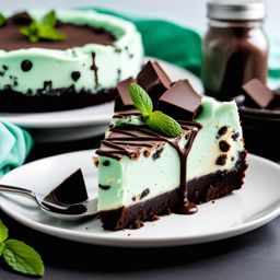 a slice of decadent mint chocolate chip cheesecake, with chocolate chunks and a minty twist. 