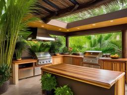 Tropical outdoor kitchen includes bamboo accents, bright colors, and lush greenery that bring a refreshing feel to the outdoor cooking area.  