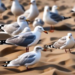 Seagulls resting on a sandy shore close shot perspective view, photo realistic background, hyper detail, high resolution