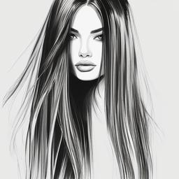 drawing of silky straight hair with a shine  minimal rough sketch scribbles,doodles,black and white