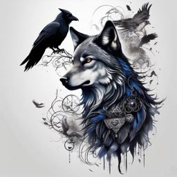Wolf and Raven Tattoo,stunning tattoo combining the enigmatic wolf and the intelligent raven, fusion of mystique. , tattoo design, white clean background