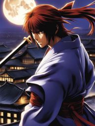 kenshin himura delivers lightning-fast strikes against foes on a moonlit rooftop. 