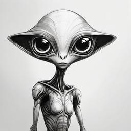 drawing of an alien with big eyes  minimal rough sketch scribbles,doodles,black and white