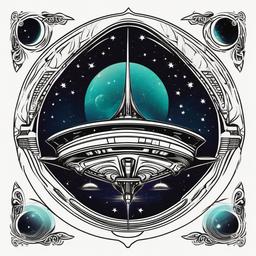 Alien Ship Tattoo - Symbolic representation of cosmic travel in an alien ship tattoo.  simple color tattoo,vector style,white background