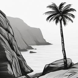 drawing of a palm tree on a cliff  minimal rough sketch scribbles,doodles,black and white