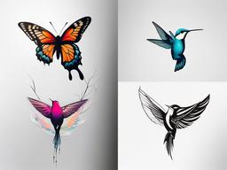 butterfly and hummingbird tattoo  simple color tattoo,white background,minimal