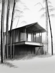 drawing of a bamboo house  minimal rough sketch scribbles,doodles,black and white