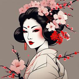 Geisha Sakura Tattoo - Traditional Japanese geisha with sakura tattoo.  simple color tattoo,white background,minimal