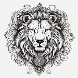 Lion and Wolf Tattoo,awe-inspiring alliance between the regal lion and the untamed wolf, symbol of strength and unity. , tattoo design, white clean background