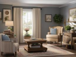 French Country gamer room highlights vintage furniture, soft colors, and charming decor that create a quaint and inviting atmosphere for gaming and relaxation.  