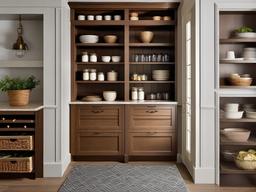 The pantry showcases traditional interior design with functional shelving, classic storage solutions, and coordinating decor that make food storage both practical and visually appealing.  