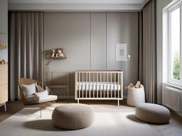 The nursery features urban modern interior design with a sleek crib, minimalist furnishings, and neutral tones that create a serene and contemporary space for the baby.  