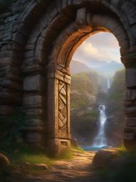 Enigmatic stone archway, covered in age-worn runes, serves as a gateway to the realms of mystery and magic, beckoning the curious to cross its threshold. hyperrealistic, intricately detailed, color depth,splash art, concept art, mid shot, sharp focus, dramatic, 2/3 face angle, side light, colorful background