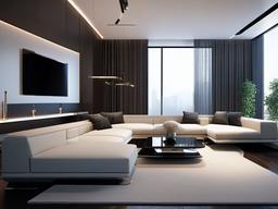 High Tech interior design in the living room features sleek furniture, integrated smart technology, and minimalist decor that create a futuristic and functional space.  