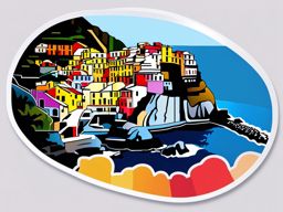 Cinque Terre Manarola sticker- Colorful village perched on the cliffs of Cinque Terre, , sticker vector art, minimalist design