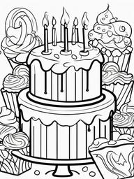 Happy Birthday Cake Toppers Coloring Pages - Cake Decorated with Fun Cake Toppers  minimal black outline printable sheet, coloring page