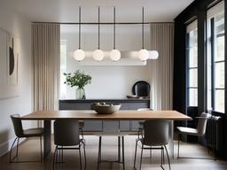 Bauhaus dining room showcases a minimalist dining table with tubular steel chairs, a neutral palette, and subtle industrial lighting, combining function and style seamlessly.  