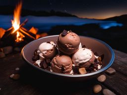 rocky road ice cream shared at a campfire under the starry night sky. 