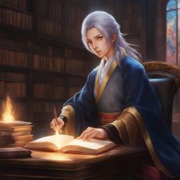 kenja no mago,shin wolford,teaching young apprentices the art of magic,a serene academy library hyperrealistic, intricately detailed, color depth,splash art, concept art, mid shot, sharp focus, dramatic, 2/3 face angle, side light, colorful background