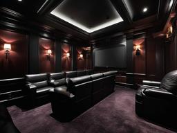 A media room designed with Gothic interior design features plush seating, dramatic decor, and atmospheric lighting that enhances the cinematic experience in a moody setting.  