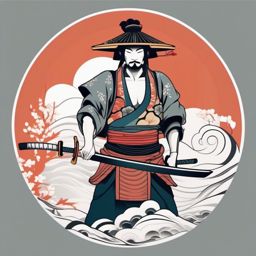 Playful and whimsical samurai tattoo in a tranquil stance.  color tattoo,minimalist,white background