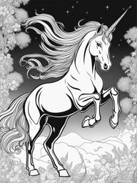 unicorn coloring pages - graceful unicorn dancing among the embers of a dying fire, its movements a mesmerizing spectacle. 