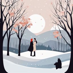 Winter Love clipart - Couple in a romantic winter setting, ,vector color clipart,minimal