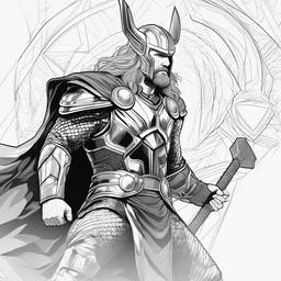 drawing of Thor in Asgard with his armor  minimal rough sketch scribbles,doodles,black and white