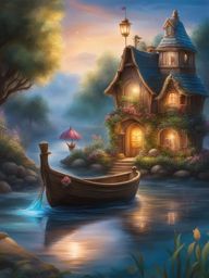 enchanted waterfront - create an artwork of an enchanted waterfront with magical boats and creatures. 