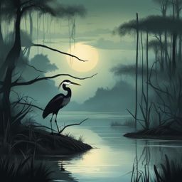 illustrate a mystical swamp with a mysterious heron watching over the eerie waters. 