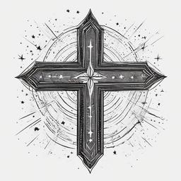 drawing of a cross surrounded by stars  minimal rough sketch scribbles,doodles,black and white