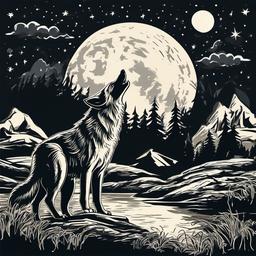 Wolf howling at moon  , vector illustration, clipart