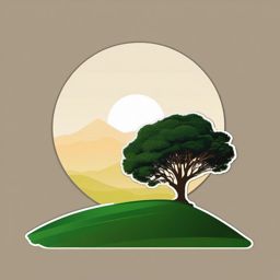 Tree on Hill Sticker - Lone tree atop a grassy hill, ,vector color sticker art,minimal