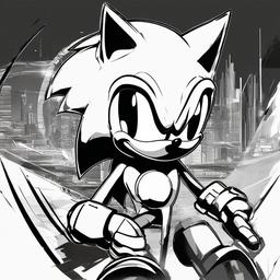 drawing of Sonic with a futuristic background  minimal rough sketch scribbles,doodles,black and white