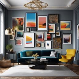 Artistic Gallery Wall - Design your living room around an impressive gallery wall of artwork. , living room decor ideas, multicoloured, photo realistic, hyper detail, high resolution,