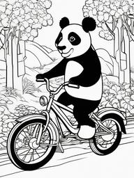 Panda Coloring Pages - Panda riding a bicycle through a colorful landscape  simple coloring pages