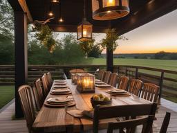 Farmhouse patio offers a large wooden dining table, comfortable rocking chairs, and rustic accents that create a warm and inviting environment for outdoor meals.  