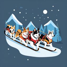 Dog Sled Clipart - A dog sled team for snowy exploration.  color vector clipart, minimal style