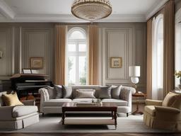 Neoclassical living room features simple moldings, comfortable sofas, and classic decor, providing an elegant yet accessible atmosphere.  