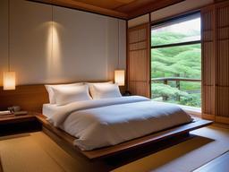 In the guest bedroom, Japanese Zen interior design offers a warm and inviting atmosphere with natural bedding, low furniture, and an emphasis on restful sleep for visitors.  